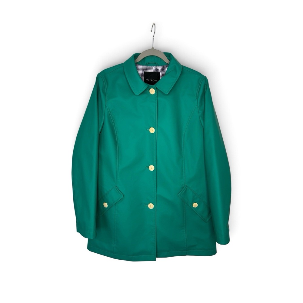 Talbots Womens M Green Raincoat Trench Jacket Gingham Lined Button Up